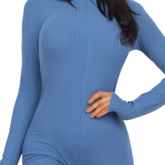 Fitted Ribbed Knit Long Sleeve Romper with Mock Neck and Zipper Back Blue - Picture 2 of 2